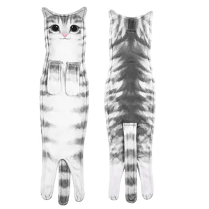 Realistic grey tabby cat hanging hand towel front and back view on white background