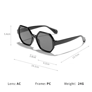 Stylish black polygonal sunglasses with retro octagonal frames and dimension markings.