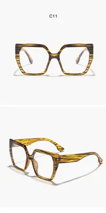 Detail view of brown striped square cat-eye sunglasses with front and angled perspectives