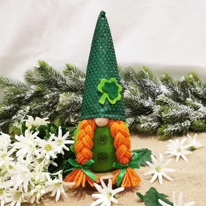 Detailed view of a green St. Patrick's Day gnome with orange braids and clover decoration