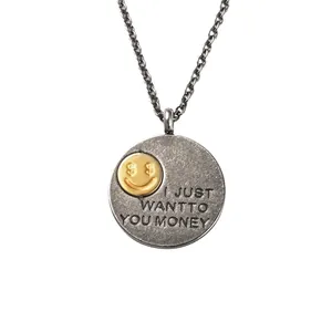Collier vintage hip hop en argent avec pendentif smiley aux yeux de dollar doré
