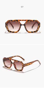 Detailed front and side view of vintage leopard print irregular double bridge sunglasses.