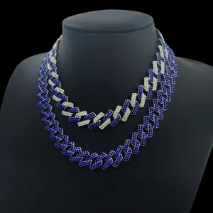 Detail of 15mm blue and white rhinestone Cuban link hip hop necklace on black bust stand
