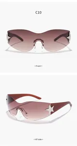 Vistas detalladas de gafas de sol Y2K sin montura con acentos metálicos en forma de estrella