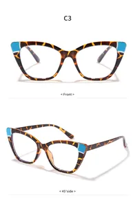 Detailansichten der Leoparden-Katzenaugen-Brille mit blauen Akzenten von vorne und seitlich