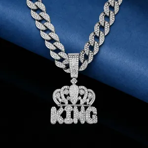 Hip Hop Crown KING Pendant Alloy Rhinestone Iced Out Necklace For Men Women Cuban Link Chain Fashion Jewelry Party Gift