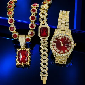 Hip Hop Iced Out Rechteckiger Edelstein Halskette Armband Uhr Legierung Strass Schmuck Für Herren Retro Herz Des Ozeans