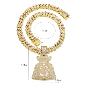 Collier hip hop chaîne cubaine avec pendentif sac d'argent doré et cristaux