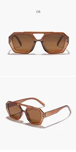 Detailed views of irregular double-bridge brown sunglasses with retro bohemian style