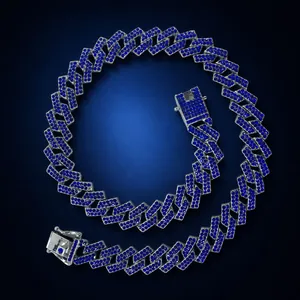 Hip Hop Rhombus Blue Rhinestone Cuban Chain Necklace Full Iced Out Alloy Men Jewelry Streetwear Necklace Bracelet Accessory