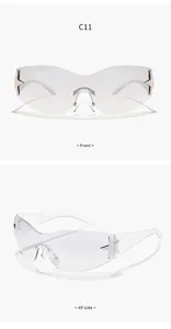 Vista detallada de gafas de sol futuristas sin montura con bisagras de estrella y lentes.
