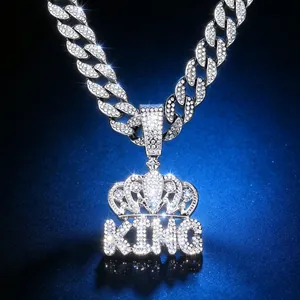 Sparkling iced out KING crown pendant necklace with silver Cuban link chain for hip hop