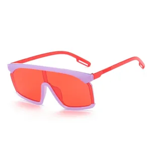 Fashionable oversized red shield sunglasses for kids with trendy purple frame accent