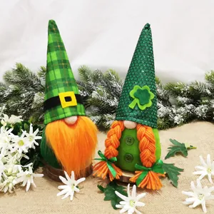 Detail view of handmade St. Patrick's Day gnomes with green hats and clover accents