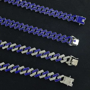 15mm blue rhinestone iced out Cuban link chain necklace for men's hip-hop style jewelry