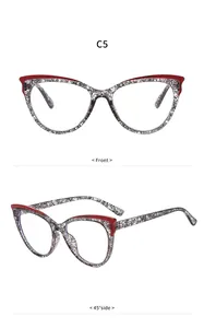 Dettaglio montatura cat-eye in TR rosso e pizzo, vista frontale e laterale