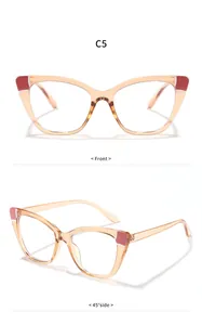 Detailansicht der Champagner-Katzenaugenbrille mit Patchwork-Rahmen und Blaulichtfilter