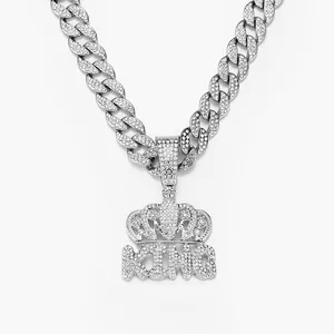 Iced out silver hip hop crown and KING pendant necklace for men with Cuban link chain