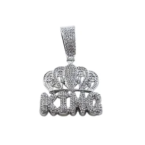 Iced out silver-colored King crown pendant with rhinestones for hip-hop style necklace