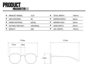 Detailed dimensions and technical parameters for metal double bridge aviator sunglasses