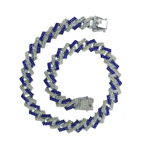 15mm blue and white crystal iced out Cuban link chain necklace in rhombus design