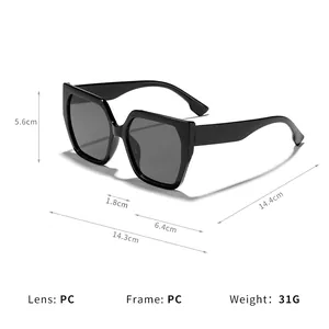 Oversized black square cat eye sunglasses with PC lens and frame details