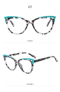 Viste frontale e laterale di occhiali cat-eye con motivo marmorizzato e tocchi blu.