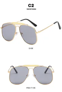 Front and side views of stylish metal aviator sunglasses with grey lenses