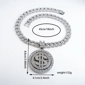Pendentif dollar hip hop argenté et chaîne cubaine avec dimensions et poids détaillé