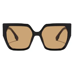 Stylish oversized square cat-eye sunglasses with black frame and brown UV lenses