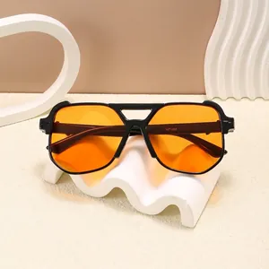 Classic aviator sunglasses with black double-bridge frame and vibrant orange UV lenses