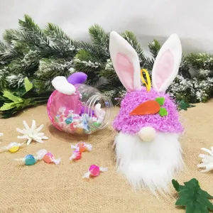 Close-up of a plush bunny gnome candy jar filled with colorful sweets for Easter gifts