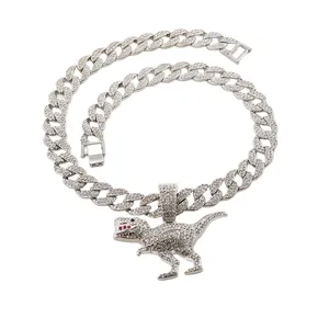 Collar con colgante de dinosaurio T-Rex hip hop plateado con cadena de eslabones