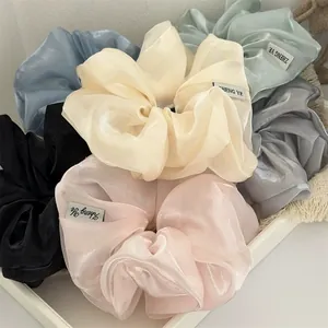 Vue détaillée de chouchous en organza nacré multicolores avec une élégante texture soyeuse