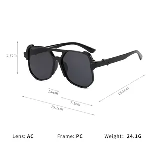 Black double bridge aviator sunglasses with detailed dimensions