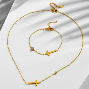 Ensemble Collier Bracelet Chevillère avec Pendentif Croix Horizontale en Acier Inoxydable Or Argent Strass Bijoux Femme
