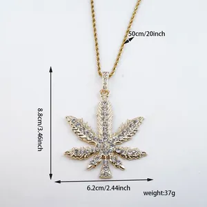 Gold hip-hop leaf pendant necklace with crystals and product dimension details
