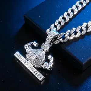 Collana hip hop uomo con ciondolo sacco di soldi e braccia muscolose, scintillante