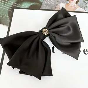 Französische Übergröße Satin Schleife Haarklammer Mit Metall Rose Dekoration Elegante Retro Federclip Haarspange Damen