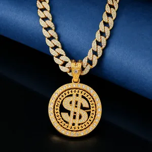Hip Hop Rotating Dollar Sign Pendant Necklace Zinc Alloy Rhinestone Cuban Link Chain For Men Iced Out Jewelry