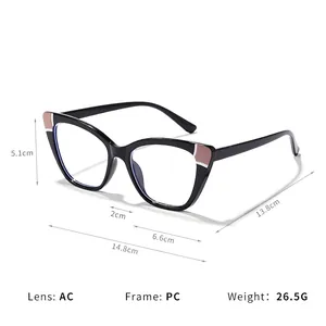 Modische schwarze Cat-Eye-Brille mit Blaulichtfilter, PC-Rahmen und AC-Gläsern Maße