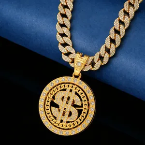 Collier Pendentif Signe Dollar Rotatif Hip Hop pour Homme en Alliage de Zinc Strass Chaîne Maille Gourmette Bijoux Street Trend