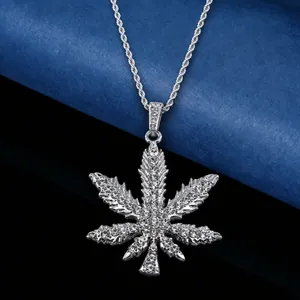 Bling iced out silver cannabis leaf pendant necklace for hip hop fashion jewelry