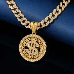 Hiphop Iced Out Rotating Dollar Sign Pendant Necklace Zinc Alloy Rhinestone Cuban Link Chain Gold Silver Jewelry For Men