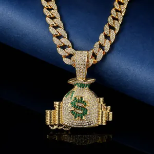 Collier Pendentif Sac d'Argent Hip Hop Iced Out Homme Or Argent Couleur Signe Dollar Bijoux en Strass Cadeau Pendentif Seul