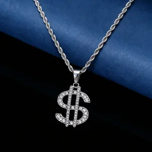 Collier Hip Hop Iced Out Pendentif Signe Dollar Symbole d'argent Alliage Strass Bijoux Bling pour Homme Femme Streetwear