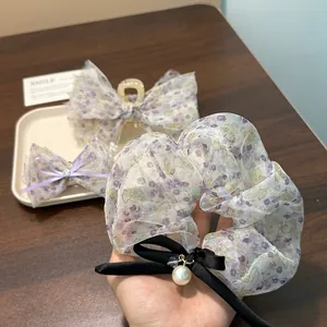 Übergroße Lila Blumige Organza Haarklammer Schleife Scrunchie Koreanisch Elegante Blume Haifisch Clip Mit Künstlicher Perle Strass Haarschmuck Damen
