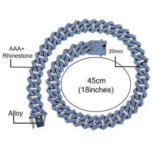 Λεπτομέρεια μπλε κολιέ Cuban link 20mm με στρασάκια, μήκος 45cm για hip-hop στυλ.