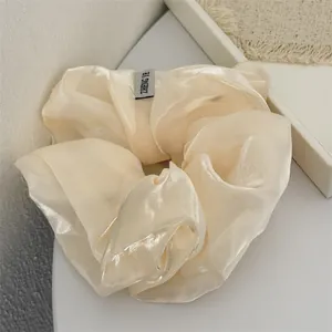 Vue détaillée du tissu en gaze de champagne nacré sur un grand chouchou de luxe