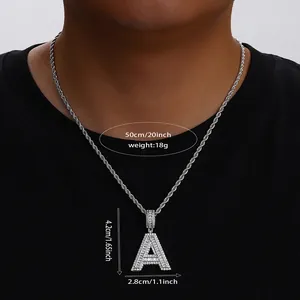 Iced out zircon A letter pendant hip hop necklace with 20 inch rope chain